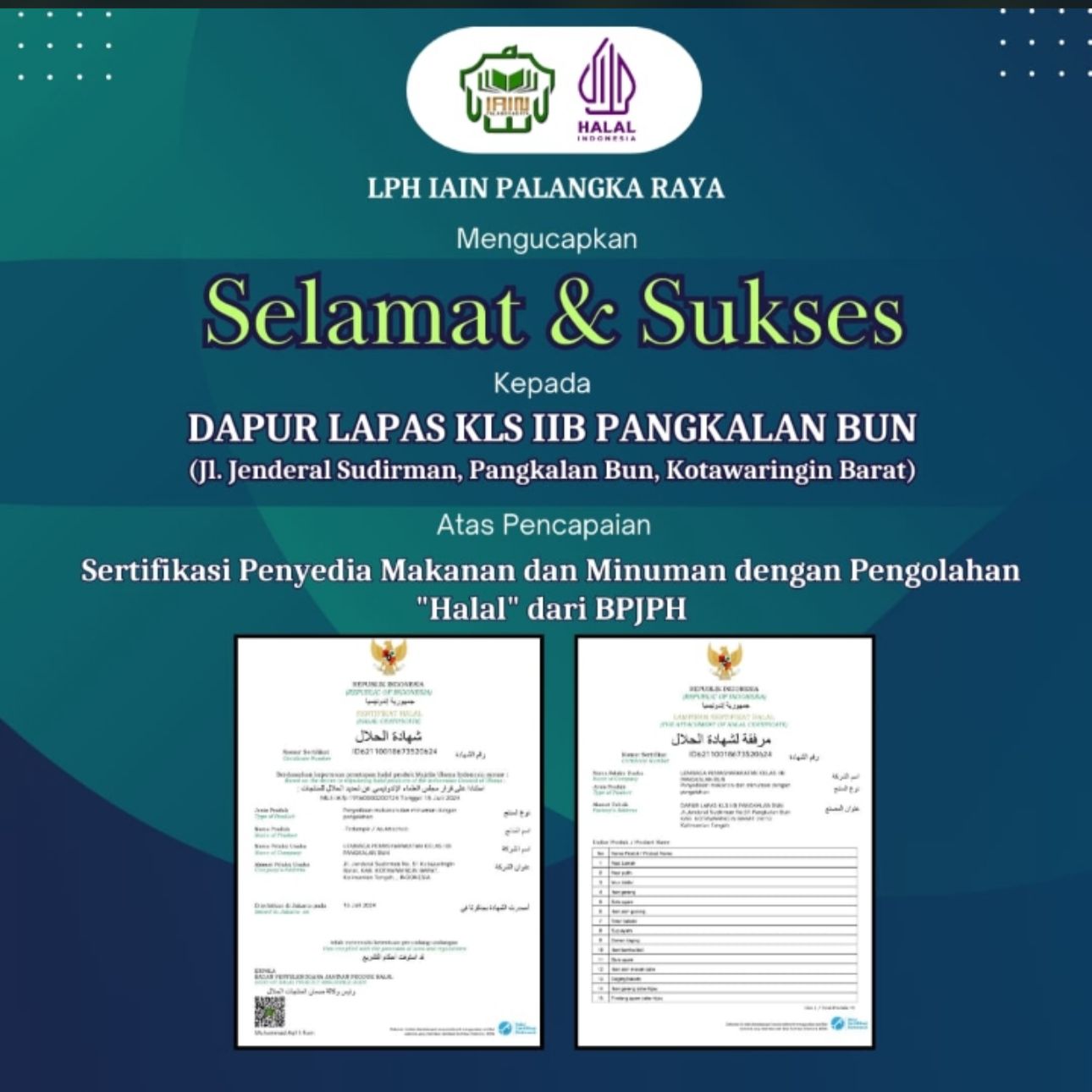 Selain Sertifikat Laik Higienis, Dapur Lapas Pangkalan Bun Raih Sertifikat Halal